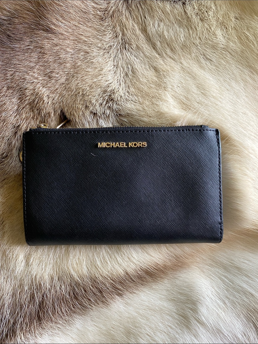 Michael Kors Black Saffiano Leather Zip Wallet with Gold Logo